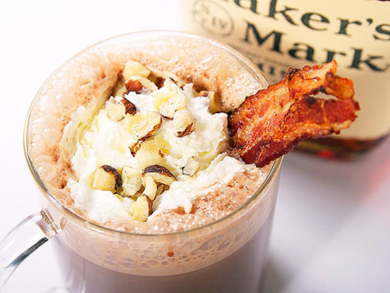 a cup with Bacon, Bourbon, and Hazelnut Hot Chocolate