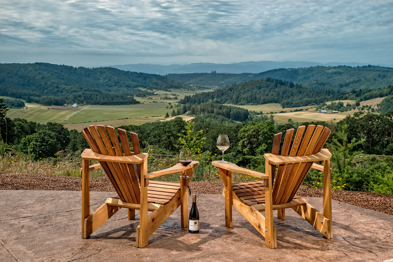 a pair of lounge chairs and hills in distance